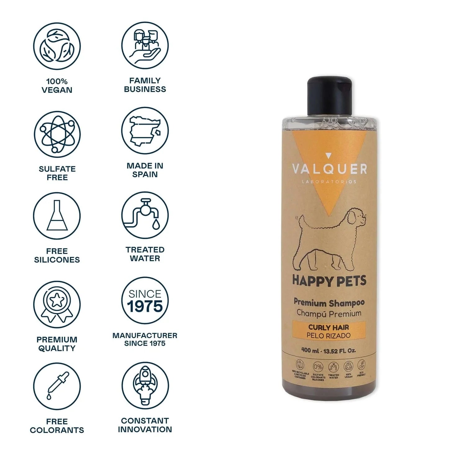Primer plano del producto para el cuidado del pelaje rizado (Gama Curly M!mado) que muestra el resultado de rizos definidos, suaves y sin encrespamiento. Destaca que es 0% sulfatos, sales ni siliconas, reforzando la +CALIDAD y el cuidado natural. La solución ideal para que tu Mimado de pelaje rizado tenga un +VIDA con brillo y suavidad.