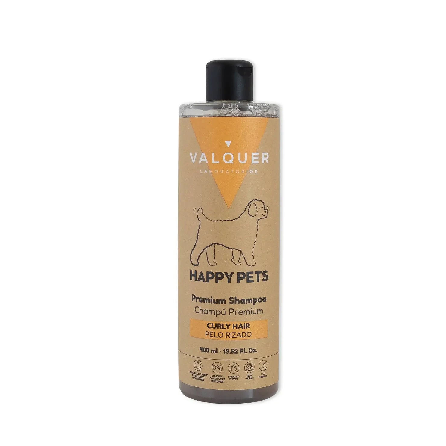 Primer plano del producto para el cuidado del pelaje rizado (Gama Curly M!mado) que muestra el resultado de rizos definidos, suaves y sin encrespamiento. Destaca que es 0% sulfatos, sales ni siliconas, reforzando la +CALIDAD y el cuidado natural. La solución ideal para que tu Mimado de pelaje rizado tenga un +VIDA con brillo y suavidad.